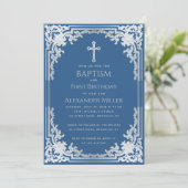 男子 洗礼 誕生日 ヴィンテージ クラシック ブルー 招待状 (スタンド正面)