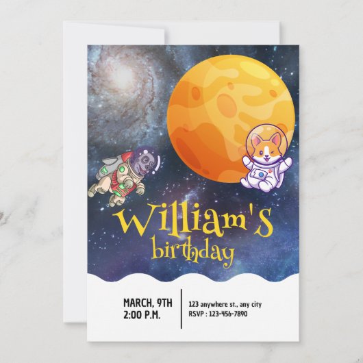 男子 現代 銀河 宇宙飛行士 犬 子供 誕生日 招待状 (正面)