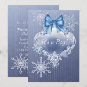 男子 青い雪の結晶 冬のワンダーランド ベビーシャワー 招待状 (正面/裏面)