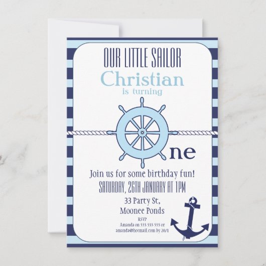 男子 Nautical 1歳誕生日パーティー招待状 招待状 (正面)