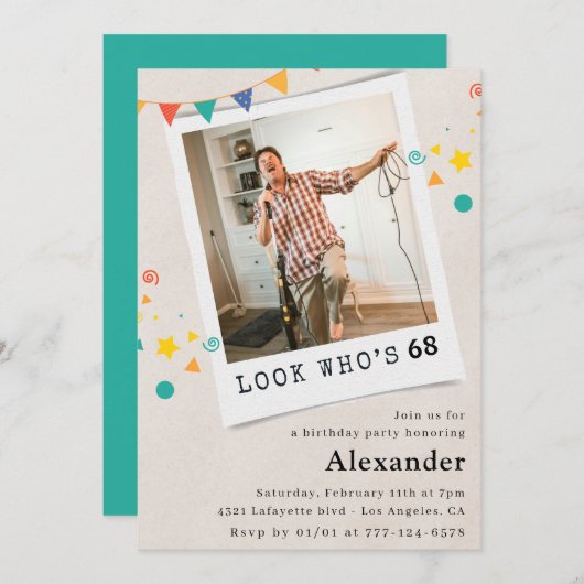 男性おもしろい68歳の誕生日招待状おもしろい写真 招待状 (正面/裏面)
