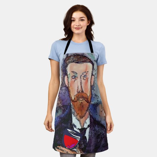 男性とワインのデザイン追加文字、エプロン エプロン (着用した状態)