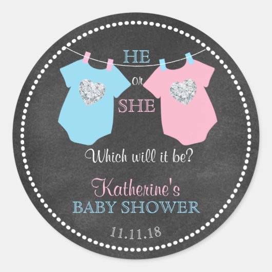 男性と女性が黒板の赤ちゃんシャワーを明かす ラウンドシール (正面)