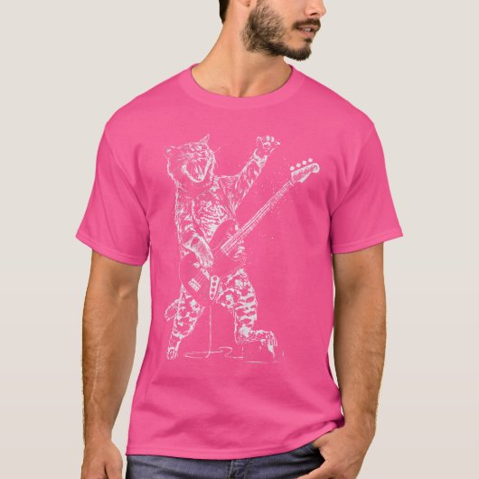 男性のための猫がベースギターを演奏するアニマルギ Tシャツ (正面)