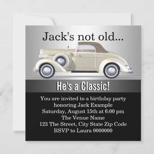 男性のアンティークカーの誕生日パーティー 招待状 (正面)