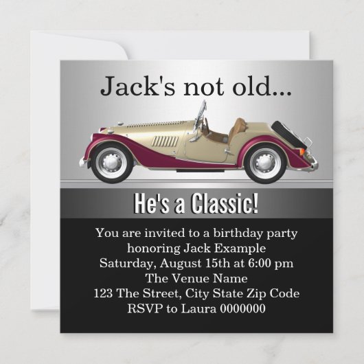 男性のアンティークカーの誕生日パーティー 招待状 (正面)