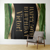 男性のエメラルドグリーンゴールド誕生日パーティー背景 タペストリー (インサイチュ(横))