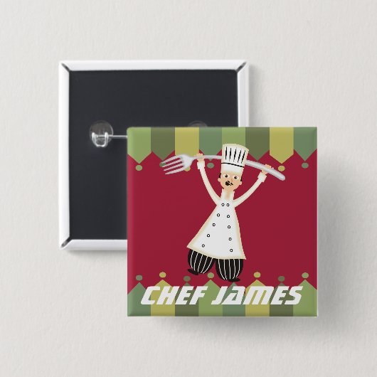 男性のシェフのpantaloonsの巨大なフォークの名前入りの記章 缶バッジ (正面&裏面)