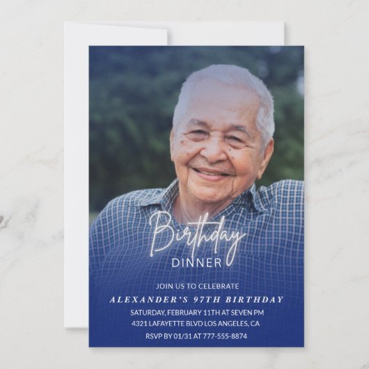 男性のディナー写真 ネイビーブルー 97歳の誕生日 招待状 (正面)