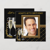 男性のブラックとゴールドの誕生日パーティー 招待状 (正面/裏面)