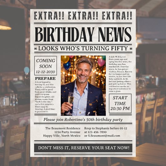 男性のユークリント新聞写真 50歳の誕生日 招待状