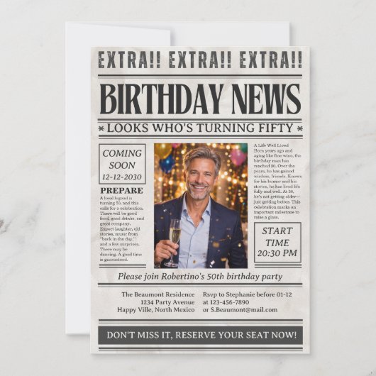男性のユークリント新聞写真 50歳の誕生日 招待状 (正面)