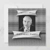 男性のヴィンテージ60歳の誕生日 銀色 メタル ブラック 招待状 (正面)