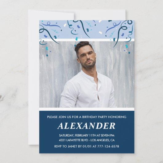 男性の写真 ネイビーブルー 57歳の誕生日招待状 招待状 (正面)