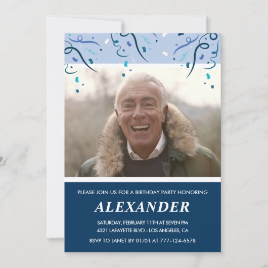 男性の写真 ネイビーブルー 76歳の誕生日 招待状 (正面)