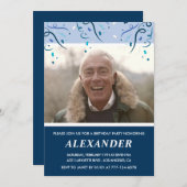 男性の写真 ネイビーブルー 76歳の誕生日 招待状 (正面/裏面)