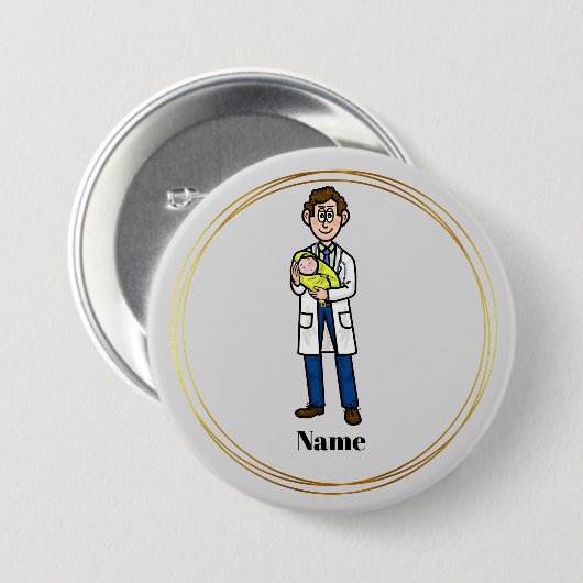男性の医師がベビーのボタンを持つ 缶バッジ (正面&裏面)