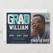 男性の卒業写真の招待ブルーターコイズ 招待状 (正面)