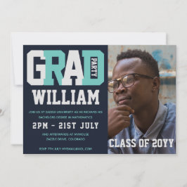 男性の卒業写真の招待ブルーターコイズ 招待状