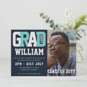 男性の卒業写真の招待ブルーターコイズ 招待状 (スタンド正面)