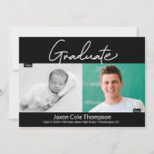 男性の卒業生と今の高校の卒業写真 案内状 (正面)