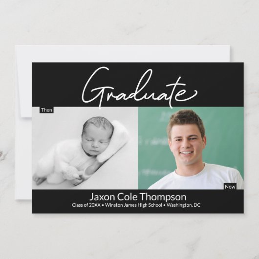 男性の卒業生と今の高校の卒業写真 案内状 (正面)