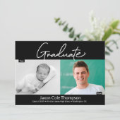 男性の卒業生と今の高校の卒業写真 案内状 (スタンド正面)