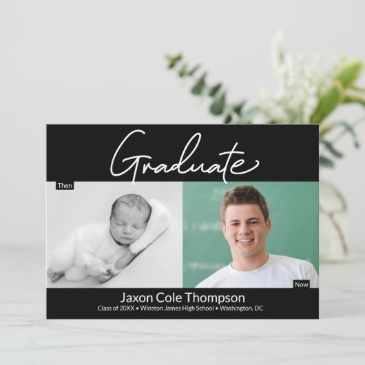 男性の卒業生と今の高校の卒業写真 案内状 (スタンド正面)