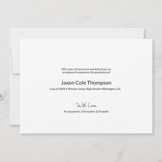 男性の卒業生と今の高校の卒業写真 案内状 (裏面)