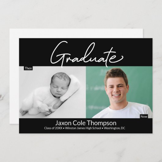 男性の卒業生と今の高校の卒業写真 案内状 (正面/裏面)