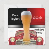 男性の年齢追加誕生日パーティー 赤ビール 古い車 招待状 (正面)