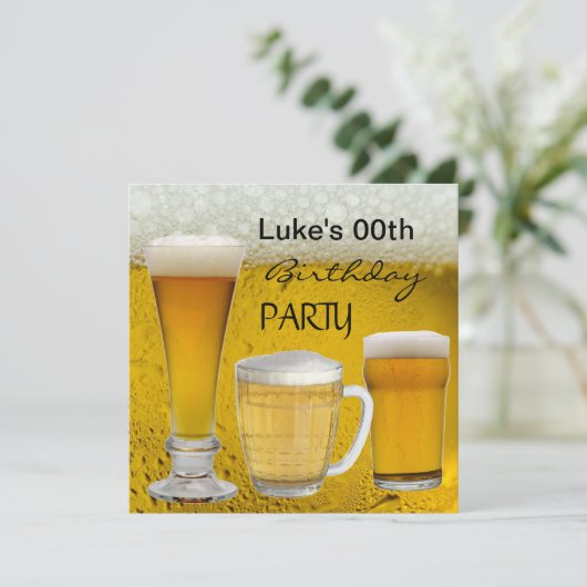 男性の誕生日パーティーの飲み物 ビール 招待状 (スタンド正面)