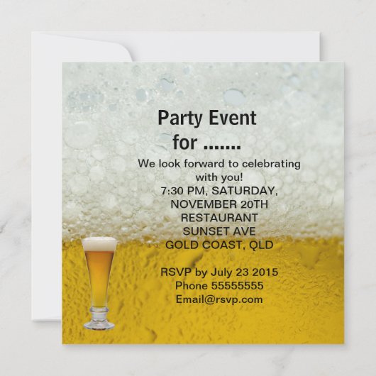 男性の誕生日パーティーの飲み物 ビール 招待状 (裏面)