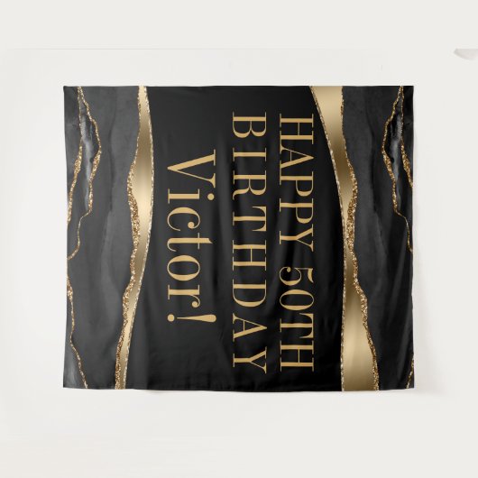 男性の誕生日パーティー背景 ブラック ゴールド アゲート タペストリー (正面(横))