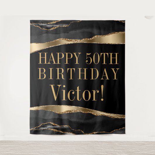 男性の誕生日パーティー背景 ブラック ゴールド アゲート タペストリー (正面)