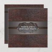 男性の誕生日パーティー ブラウン レザー 招待状 (正面/裏面)