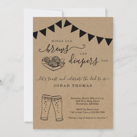 男性の赤ちゃんシャワーに翼とブリュウとおむつ 招待状 (正面)