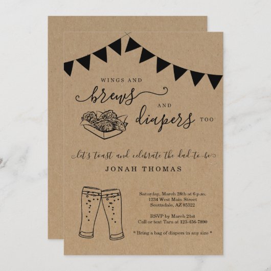 男性の赤ちゃんシャワーに翼とブリュウとおむつ 招待状 (正面/裏面)