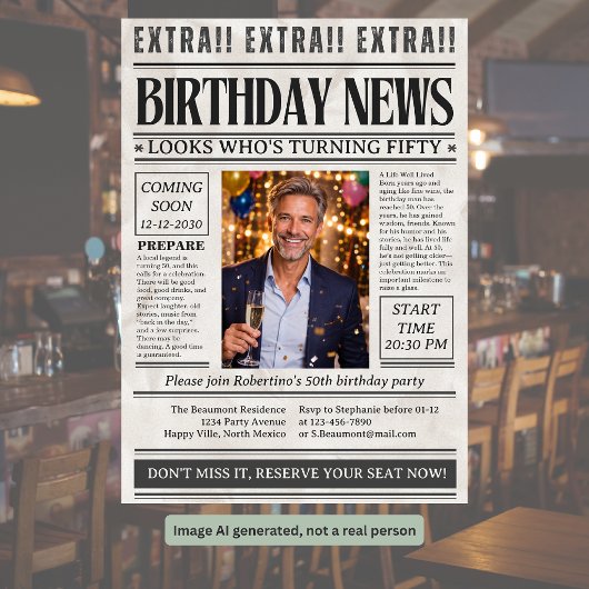 男性の面白い新聞写真 50歳の誕生日 招待状