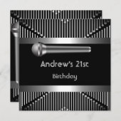 男性の21歳の誕生日パーティーブラックメタルマイク 招待状 (正面/裏面)