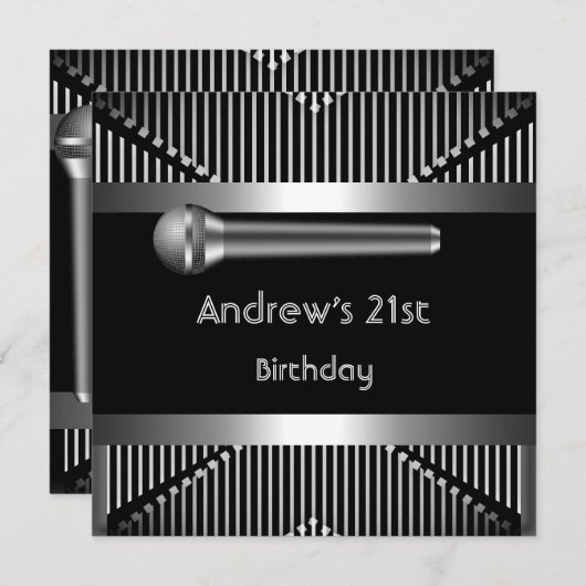 男性の21歳の誕生日パーティーブラックメタルマイク 招待状 (正面/裏面)