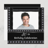 男性の30歳誕生日パーティー 黒 白 シルバー 招待状 (正面/裏面)