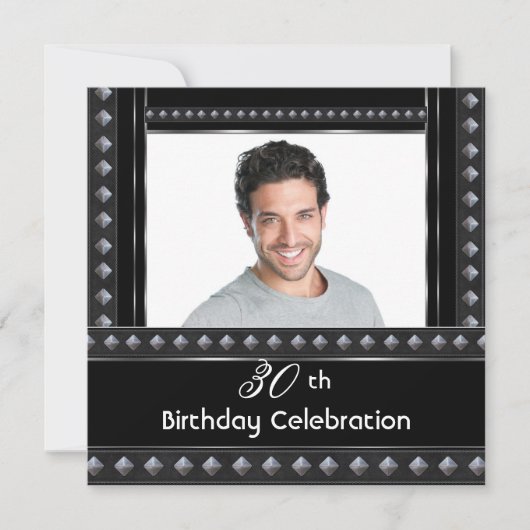 男性の30歳誕生日パーティー 黒 白 シルバー 招待状 (正面)