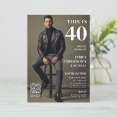 男性の40歳の誕生日QRコード付き雑誌の表紙写真 招待状 (スタンド正面)