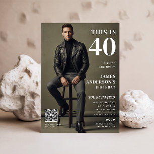 男性の40歳の誕生日QRコード付き雑誌の表紙写真 招待状