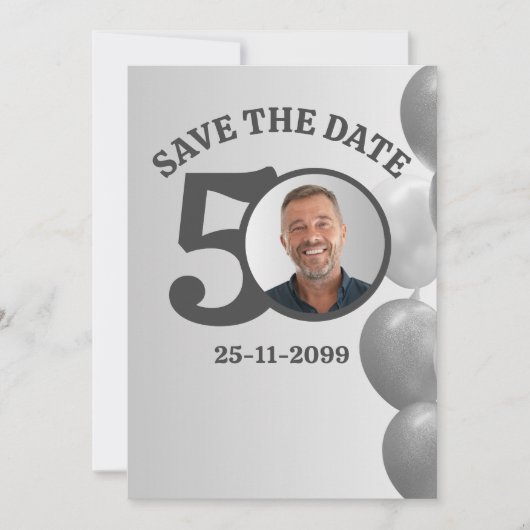 男性の50歳の誕生日をお祝いするミニマリストのSave The Date 招待状 (正面)