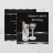 男性の60歳の誕生日パーティー ブラックシルバードリンク 招待状 (正面/裏面)