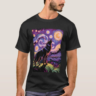 男性へのおもしろギフト 遠吠えする狼の星月夜 Tシャツ