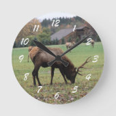 男性エルク写真〔雄ジカの〕枝角フィールド秋 ラウンド壁時計 (正面)