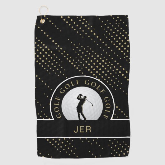男性カスタムゴルファーのシルエット模様ブラック金ゴールド ゴルフタオル (正面)